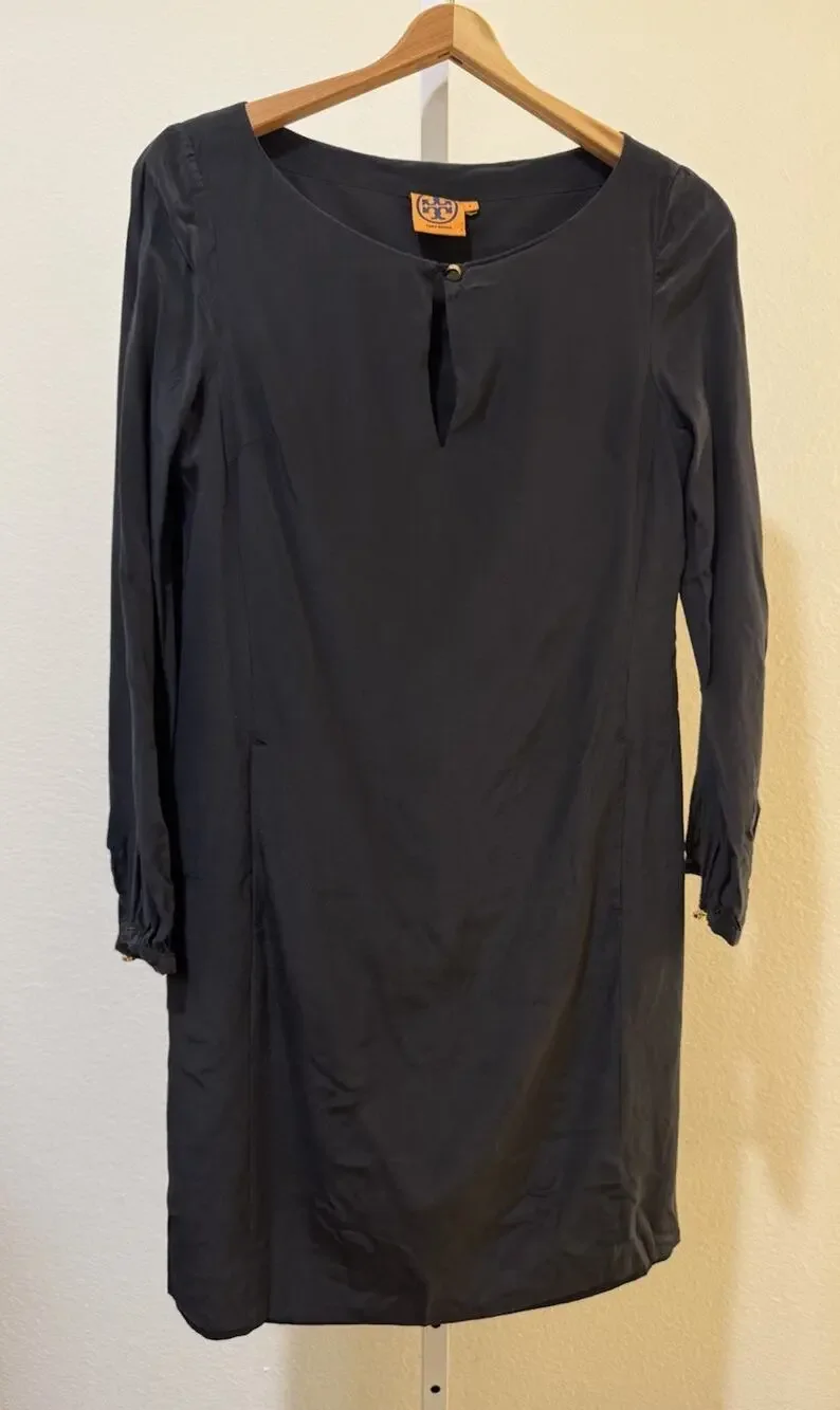 Tory Burch Black 100% Silk Crew Long Sleeve Tunic Dress Sz 4